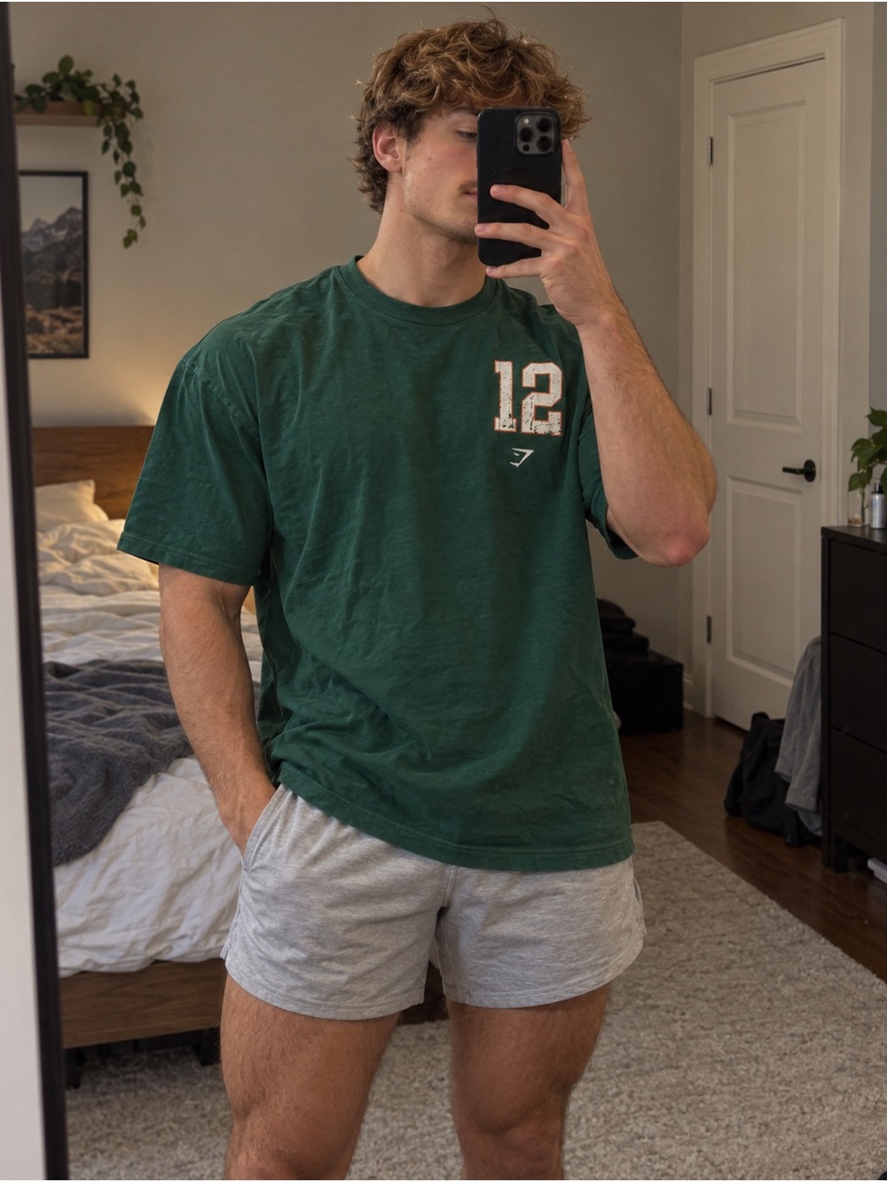 Gymshark Dark Green Varsity Short-Sleeve Oversized Tee with White '12' Graphic